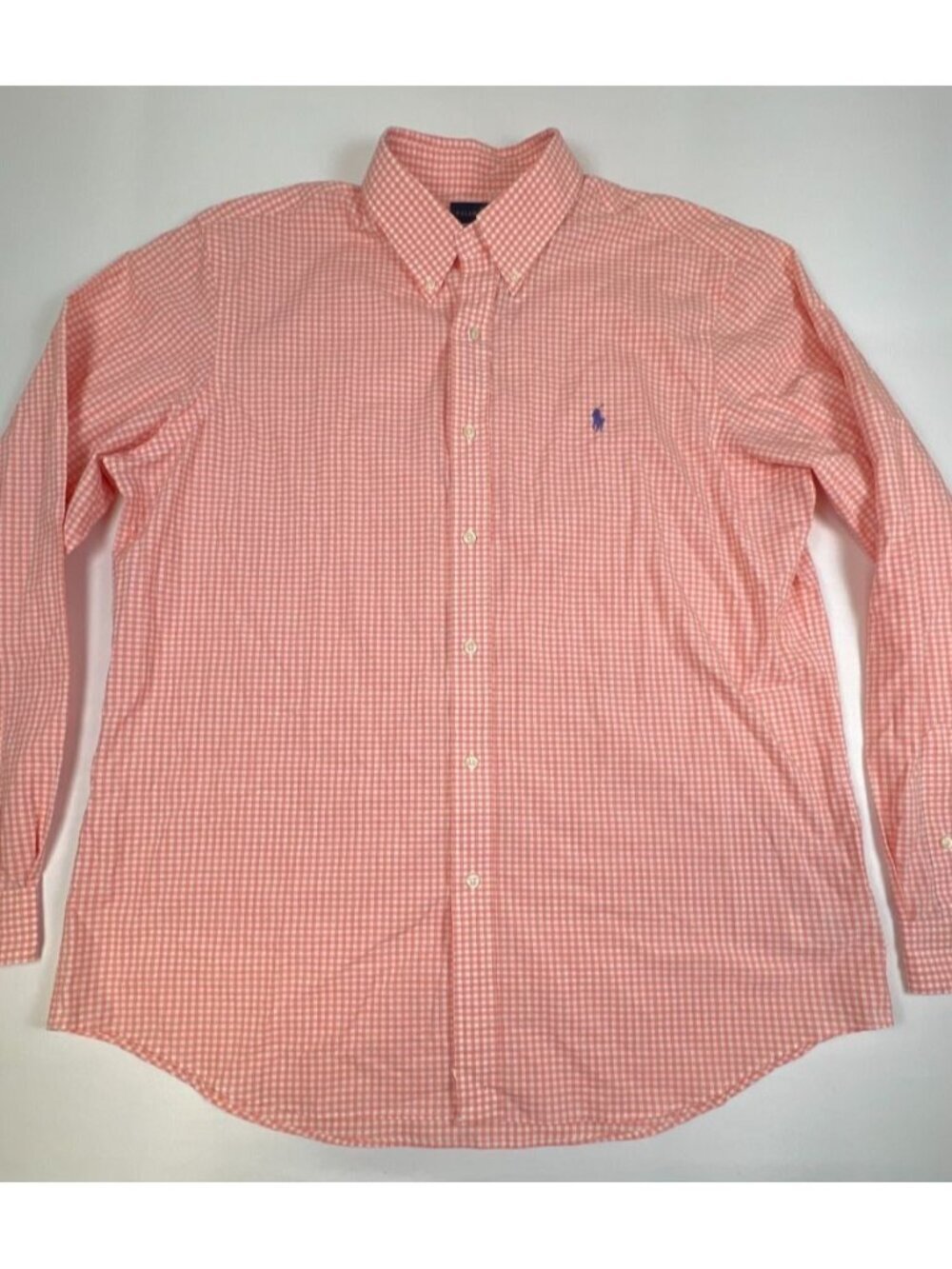 Ralph Lauren Shirt Men XL Stretch Cotton Gingham Plaid Orange White Long Sleeve